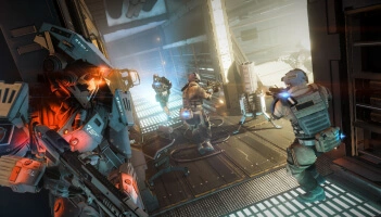 Screenshot of a killzone characters in combat running down a hallway